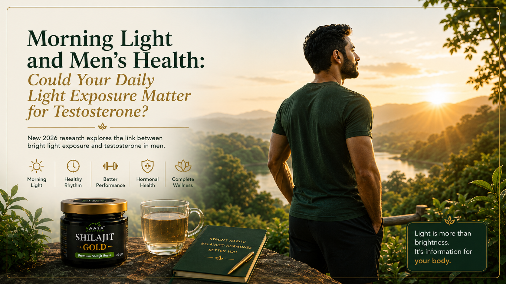Premium editorial illustration of a healthy man outdoors in warm morning sunlight surrounded by natural greenery, representing the connection between daylight, circadian rhythm, hormonal health and daily wellness in Vaaya’s forest-green and gold aesthetic.