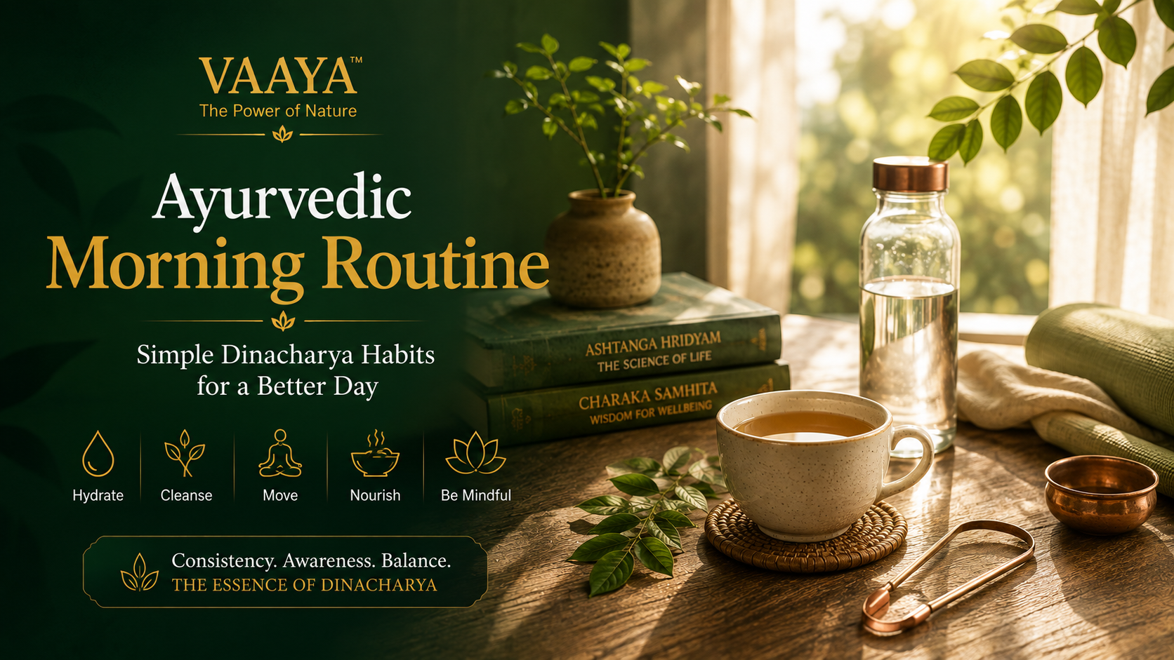 Minimal premium Ayurvedic morning scene with warm sunlight, herbal tea, fresh leaves, yoga mat and natural wellness elements against a deep forest-green background.