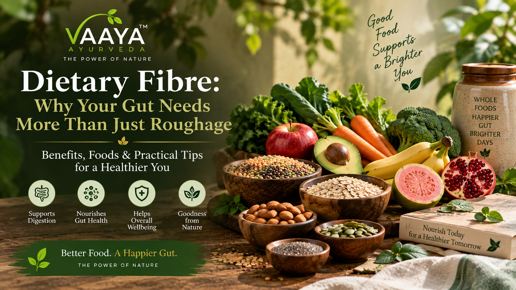 A premium natural wellness scene featuring fibre-rich foods including fruits, vegetables, whole grains, lentils, nuts and seeds in a warm Ayurvedic-inspired setting.