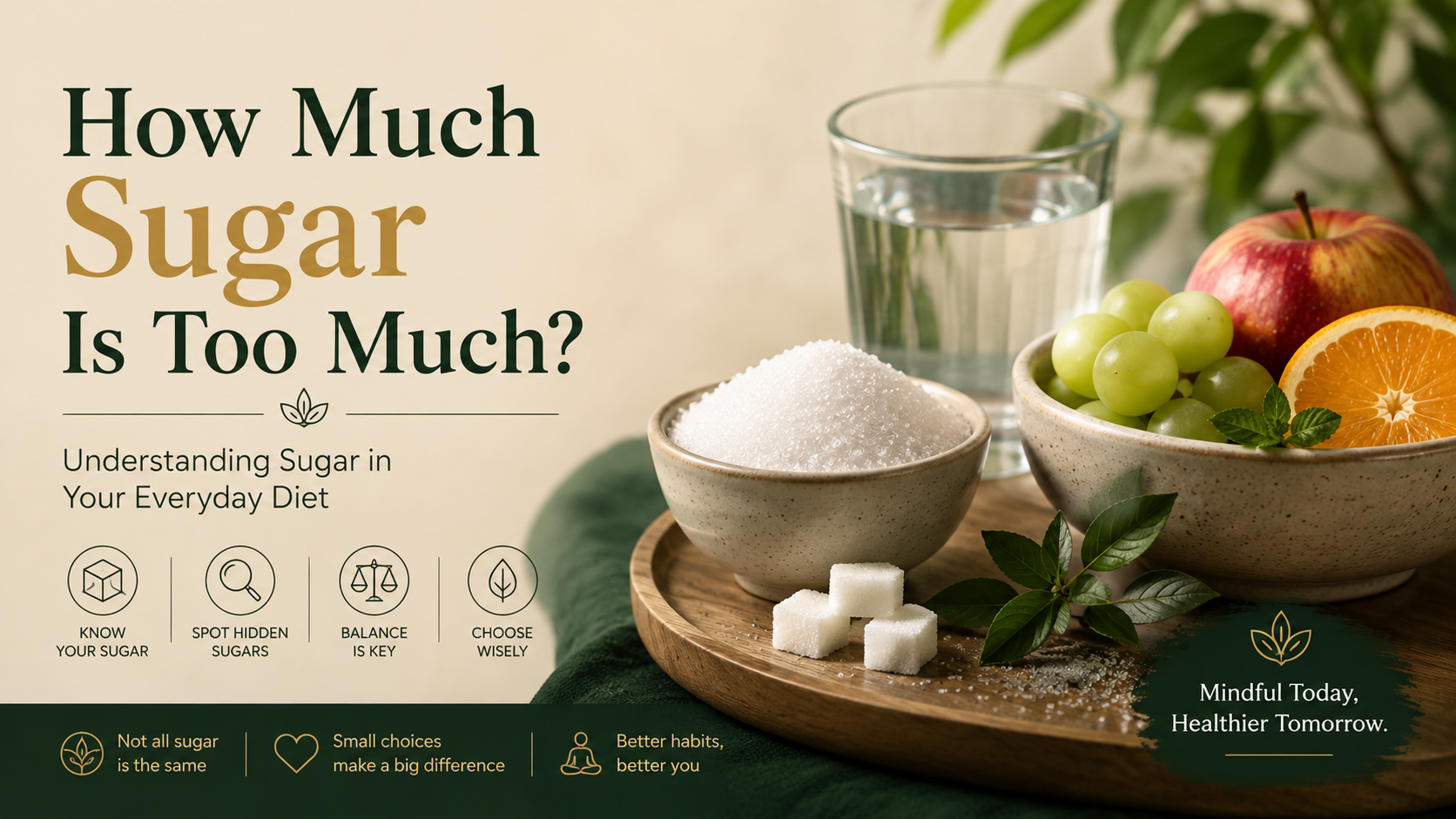 Minimal premium wellness editorial showing sugar, fresh fruit and water against a warm beige and deep forest-green background, illustrating mindful sugar consumption.