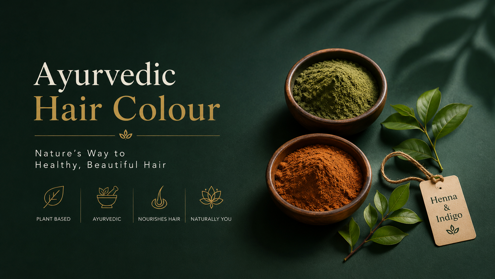 Premium editorial illustration of Ayurvedic herbal hair colour powders including henna and indigo beside a wooden bowl, comb and strands of naturally coloured hair against a deep forest-green and warm gold background.