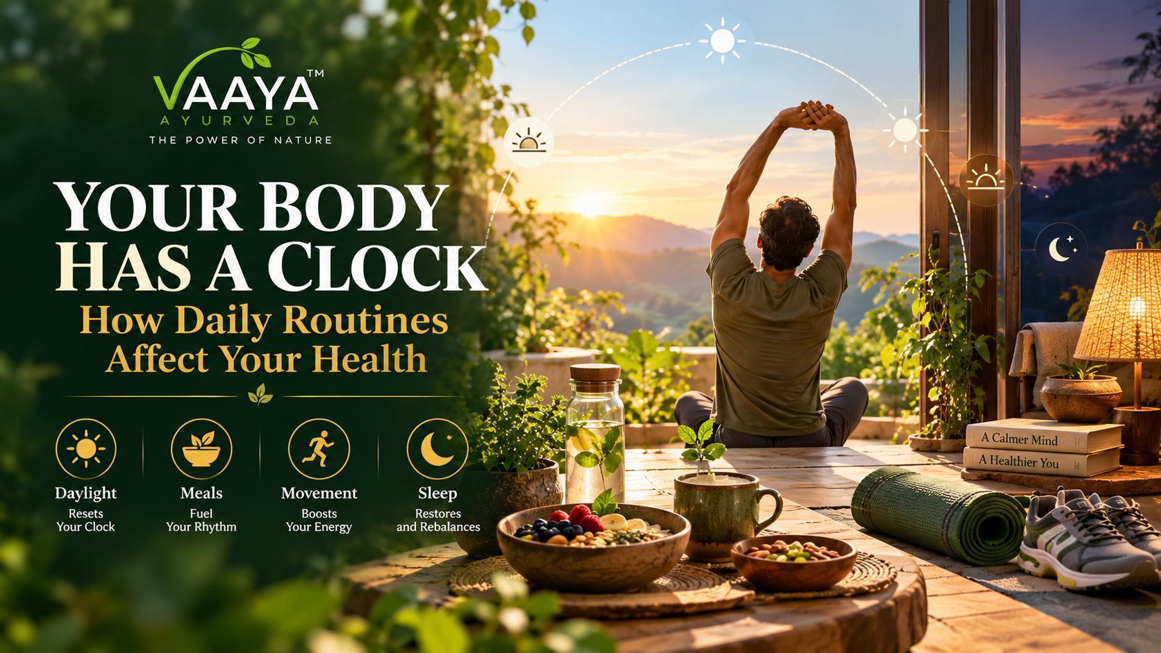 A person beginning the day with morning sunlight alongside visual cues for meals, movement and sleep, illustrating the body's circadian rhythm and daily routine.