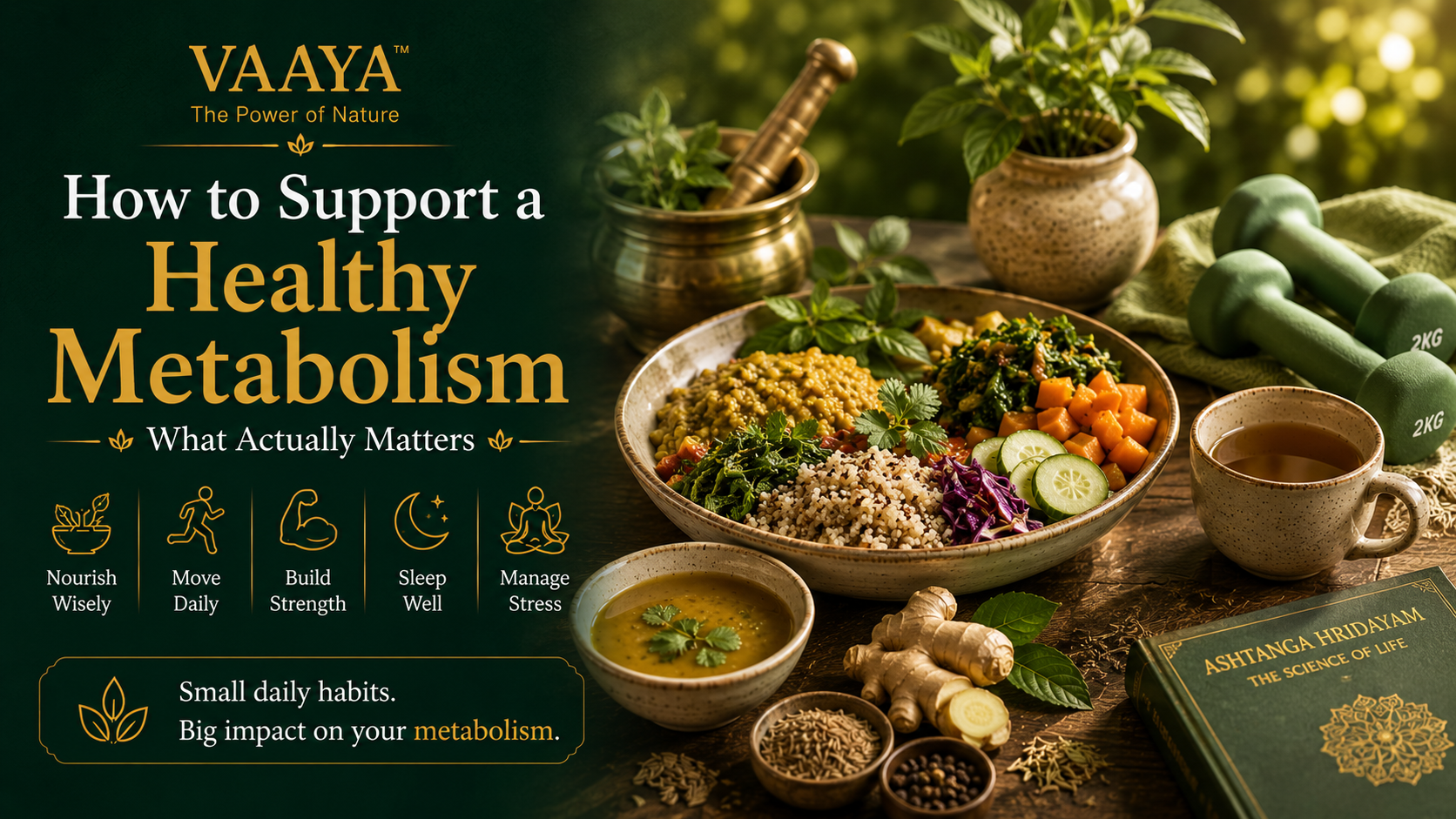 Premium editorial wellness scene representing healthy metabolism with a balanced Indian meal, fresh vegetables, herbs, ginger, warm herbal tea, walking shoes and natural Ayurvedic elements against a deep forest-green and warm gold background.