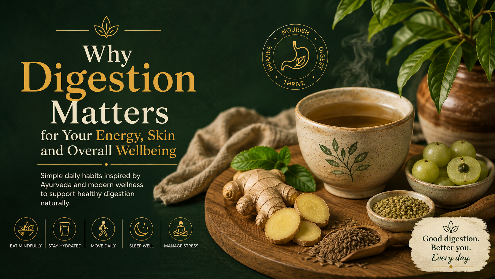 Premium Ayurvedic wellness still life with herbal tea, ginger, mint, amla and natural ingredients representing healthy digestion and everyday wellbeing.