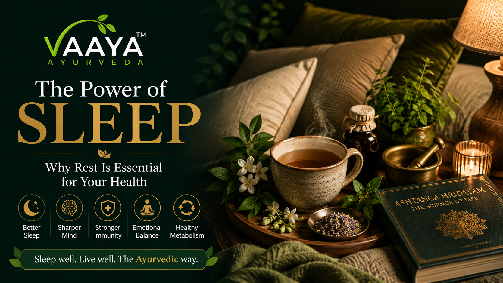 Premium editorial wellness scene representing restorative sleep with a peaceful bedroom, warm lamp, natural linen, herbal tea, fresh herbs and Ayurvedic elements against a deep forest-green and warm gold setting.
