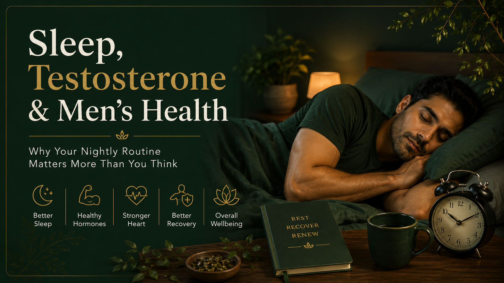Minimal premium editorial illustration of a sleeping man surrounded by subtle botanical elements, a crescent moon and warm golden accents representing sleep, hormonal balance and men's wellness.