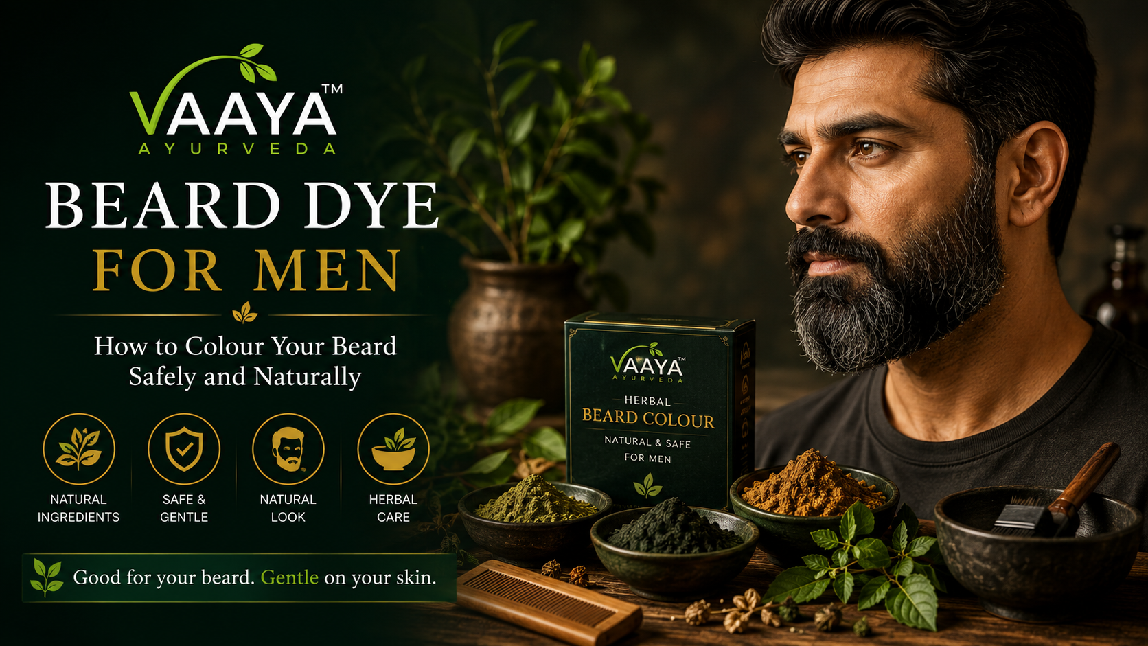 Premium men's grooming scene featuring a well-groomed salt-and-pepper beard, natural henna and indigo powders, a wooden grooming comb, ceramic bowls and herbal ingredients against a deep forest-green and warm gold background.