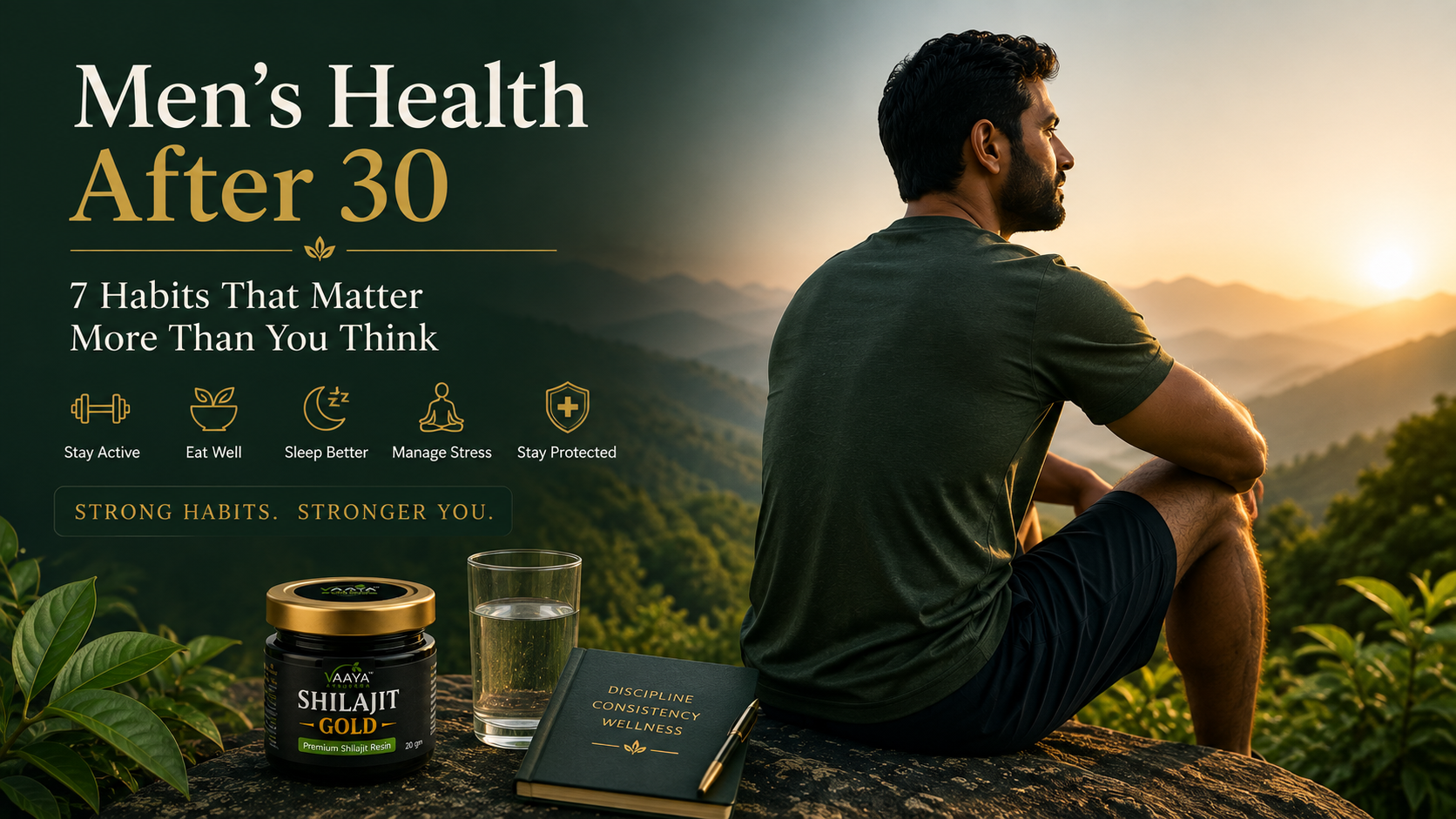 Premium editorial image of a healthy man in his 30s outdoors at sunrise, with subtle natural elements and a deep forest-green and warm gold aesthetic representing strength, vitality, and balanced men’s wellness.