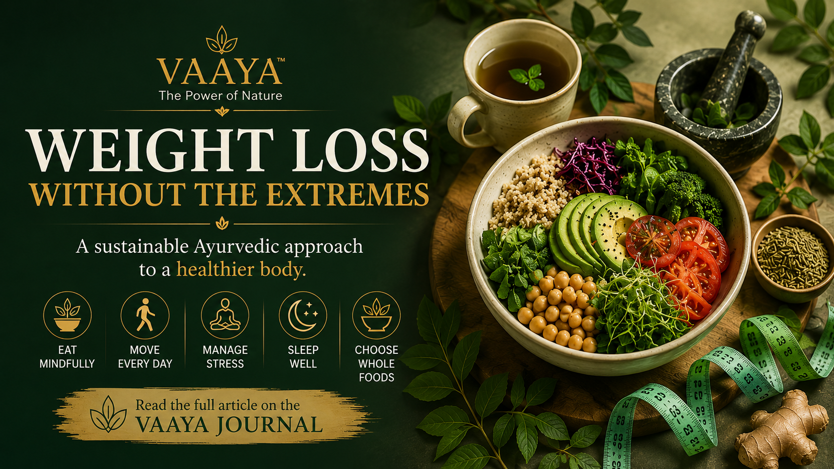 Minimal editorial illustration of a balanced healthy meal, fresh herbs, warm herbal tea, and a measuring scale against a deep forest-green background representing sustainable natural weight management.