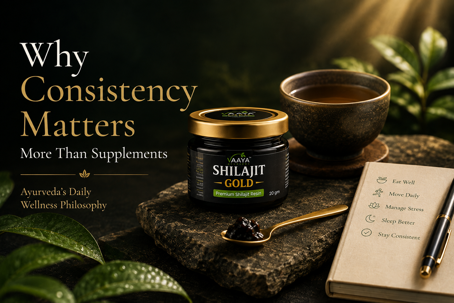 Minimal premium wellness scene featuring a Vaaya Shilajit Gold jar beside warm herbal tea on dark natural stone with soft forest-green botanical accents, symbolizing the power of consistent daily wellness.