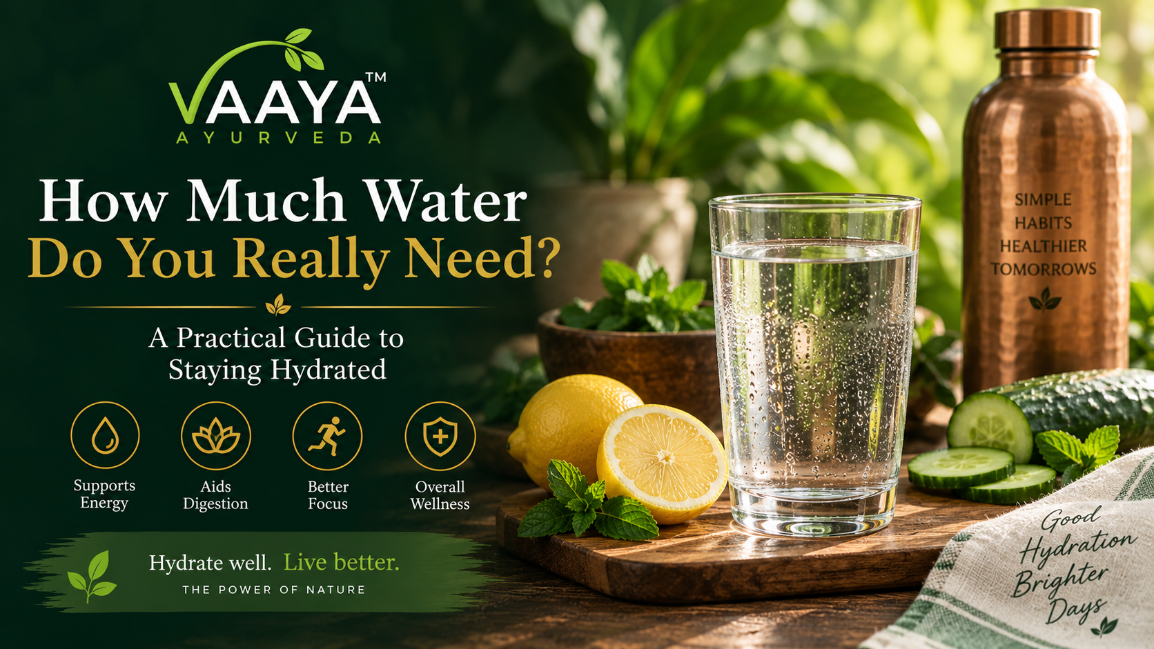 A premium Ayurvedic wellness scene representing daily hydration, with a glass of water, fresh herbs, fruits and botanical elements in a natural forest-green setting.