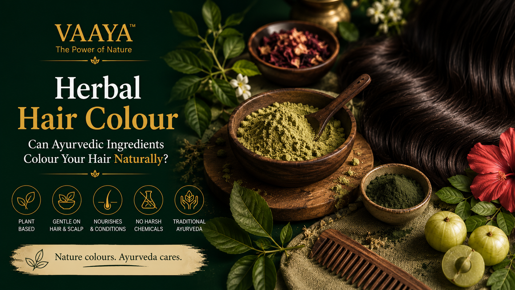 Minimal premium Ayurvedic hair care scene featuring natural henna and indigo powders, green leaves, a wooden bowl and a section of dark glossy hair against a deep forest-green background.