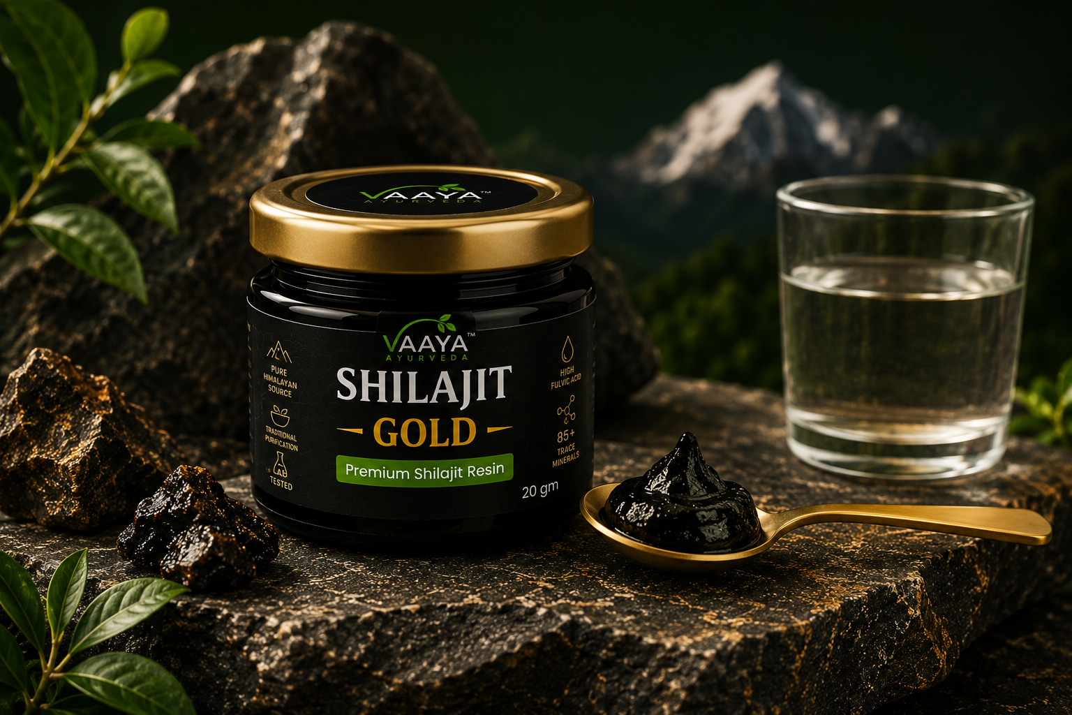 Premium editorial still life of authentic Shilajit resin beside a gold spoon, Himalayan stone and botanical leaves against a deep forest-green background representing purity, sourcing and Ayurvedic tradition.