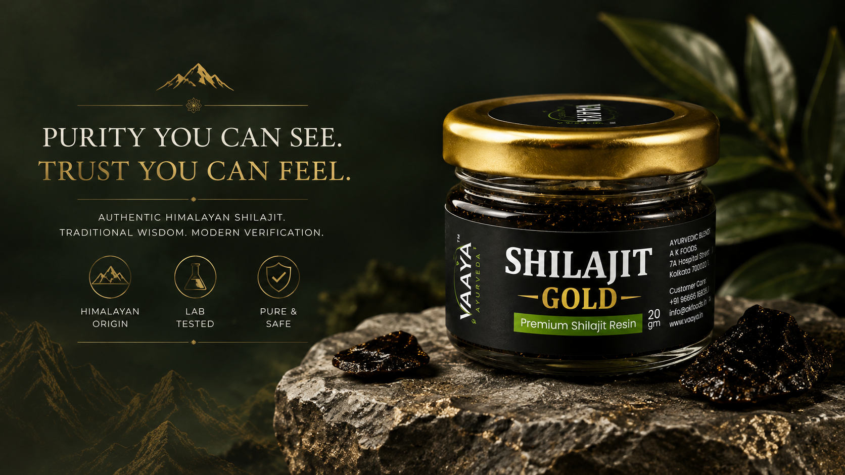 Premium editorial illustration of authentic Himalayan Shilajit resin on natural mountain stone with deep forest green and gold tones symbolizing purity, trust, and scientific verification.