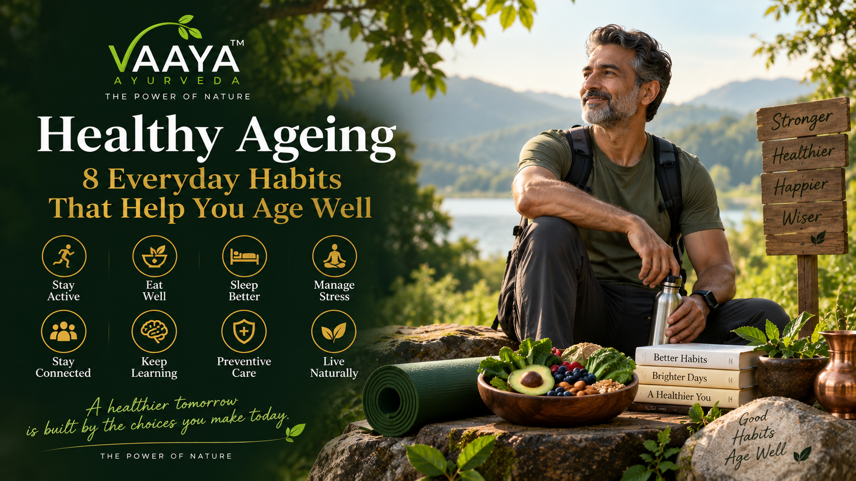 A mature person enjoying an active and healthy lifestyle surrounded by greenery, nutritious foods, yoga and natural elements representing healthy ageing.