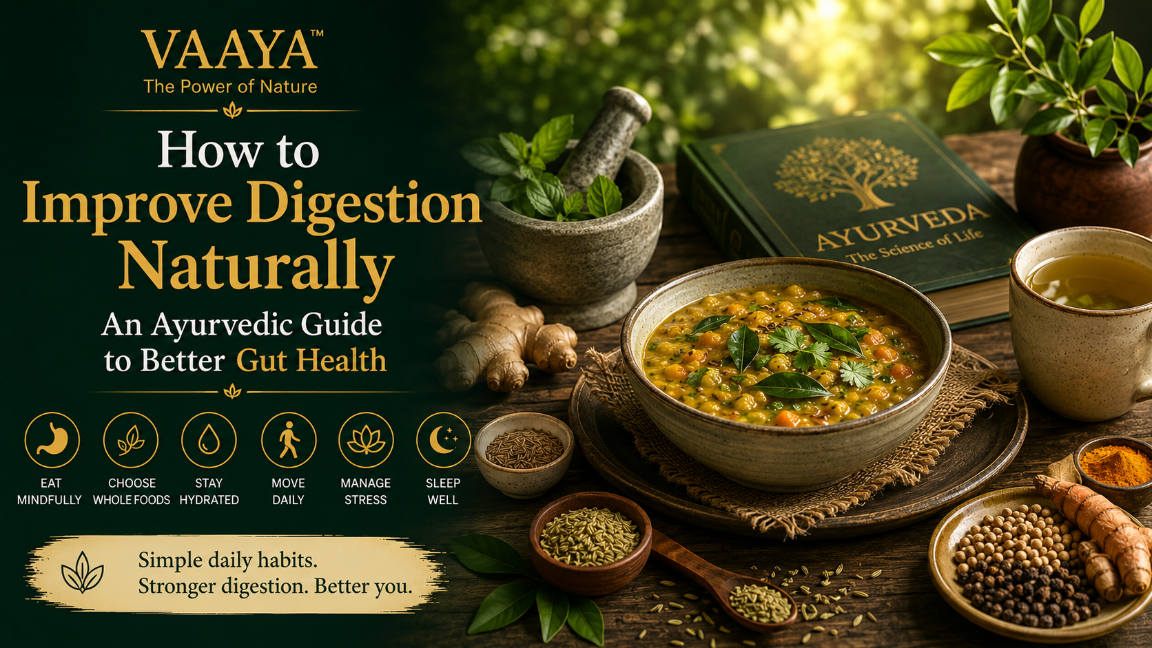 Premium editorial illustration of a nourishing Ayurvedic meal, herbal tea, fresh ginger, spices and natural ingredients arranged on a warm wooden table against a deep forest-green background.