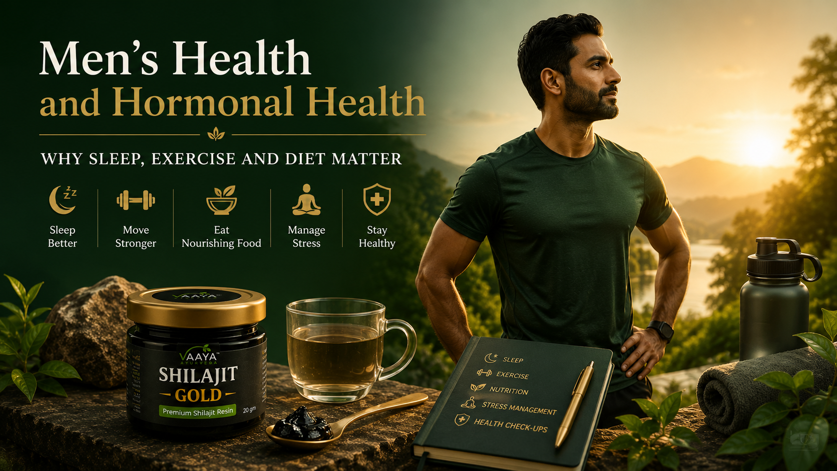 Premium editorial image representing men’s hormonal health with a fit man at sunrise, natural greenery, warm golden light, and subtle wellness elements in a sophisticated forest-green and gold aesthetic.