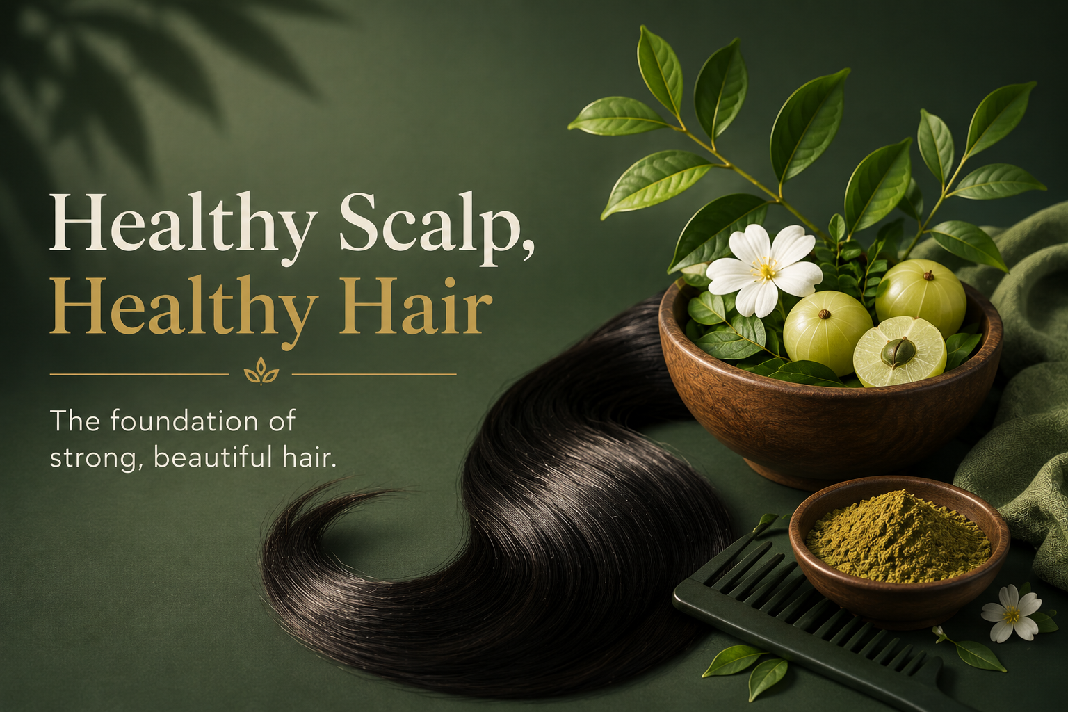 Minimal premium editorial illustration of a healthy scalp and flowing dark hair surrounded by subtle Ayurvedic botanicals on a deep forest-green background.